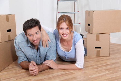 Commercial furniture and equipment being prepared for an office move